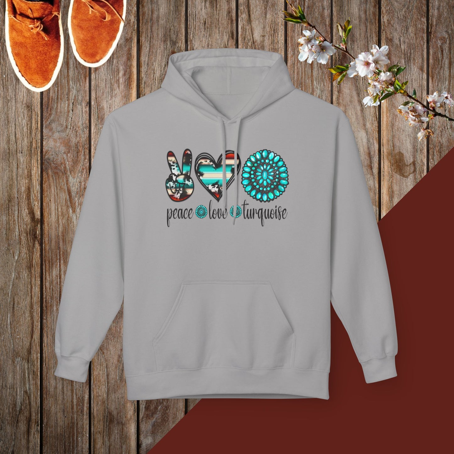 Peace, Love, Turquoise Unisex Midweight Softstyle Fleece Hoodie