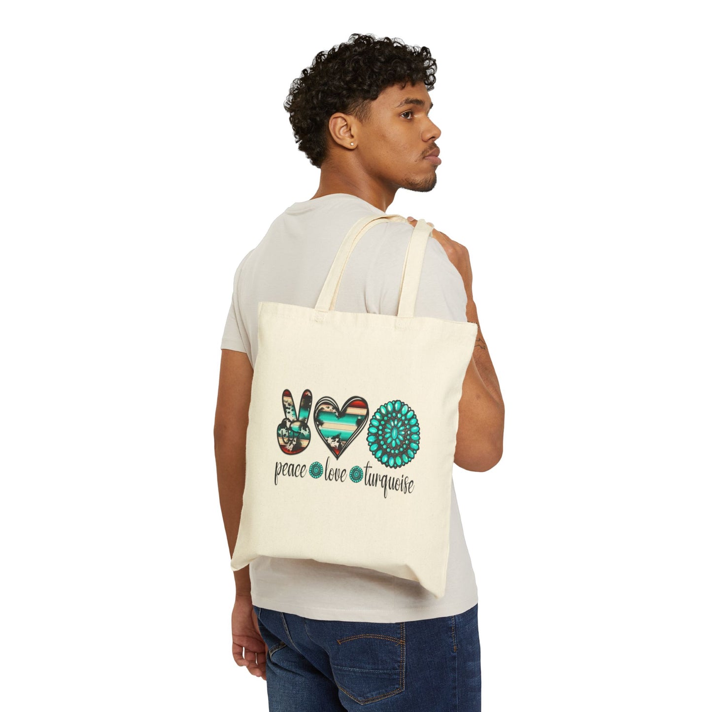 Peace, Love, Turquoise Cotton Canvas Tote Bag