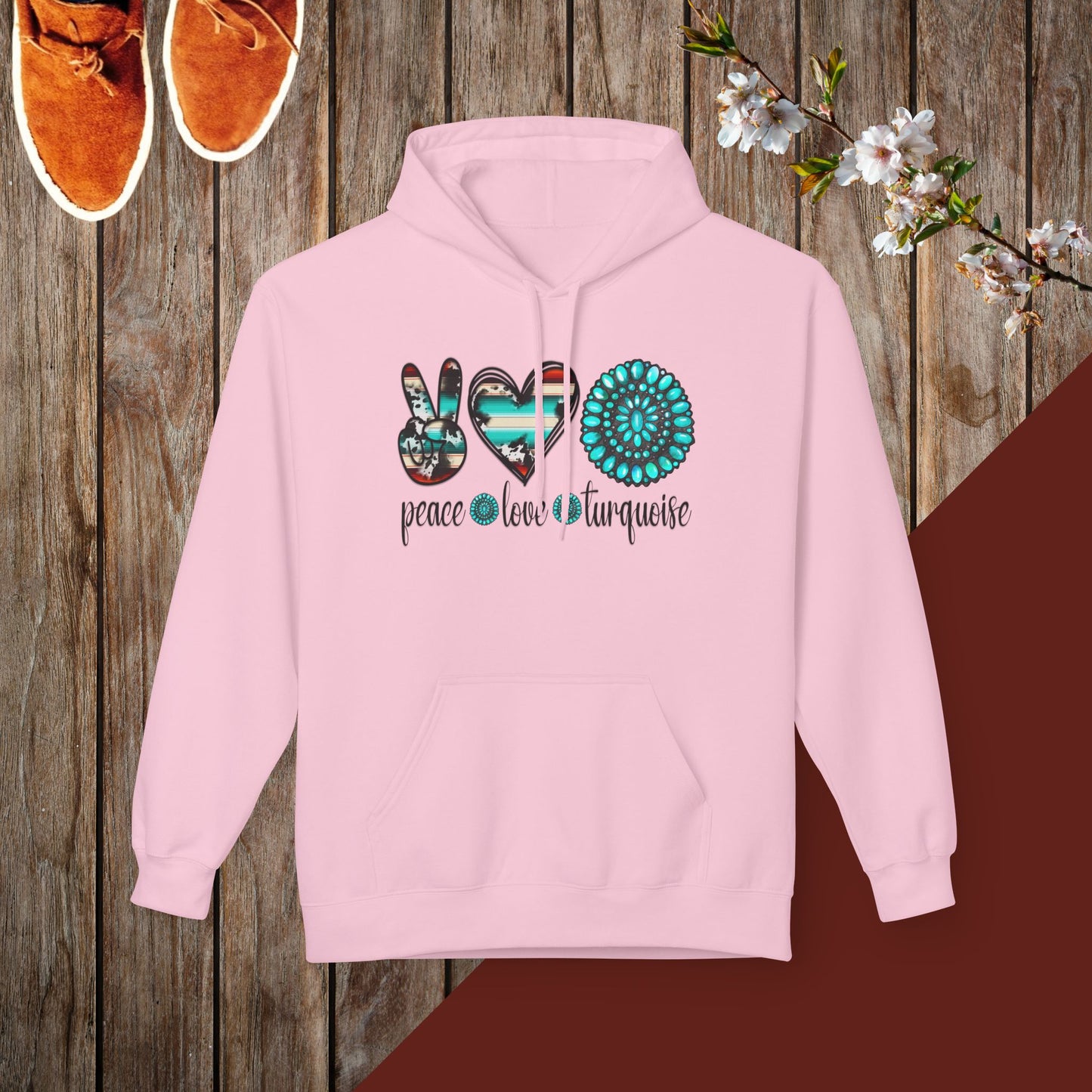 Peace, Love, Turquoise Unisex Midweight Softstyle Fleece Hoodie