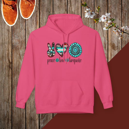 Peace, Love, Turquoise Unisex Midweight Softstyle Fleece Hoodie