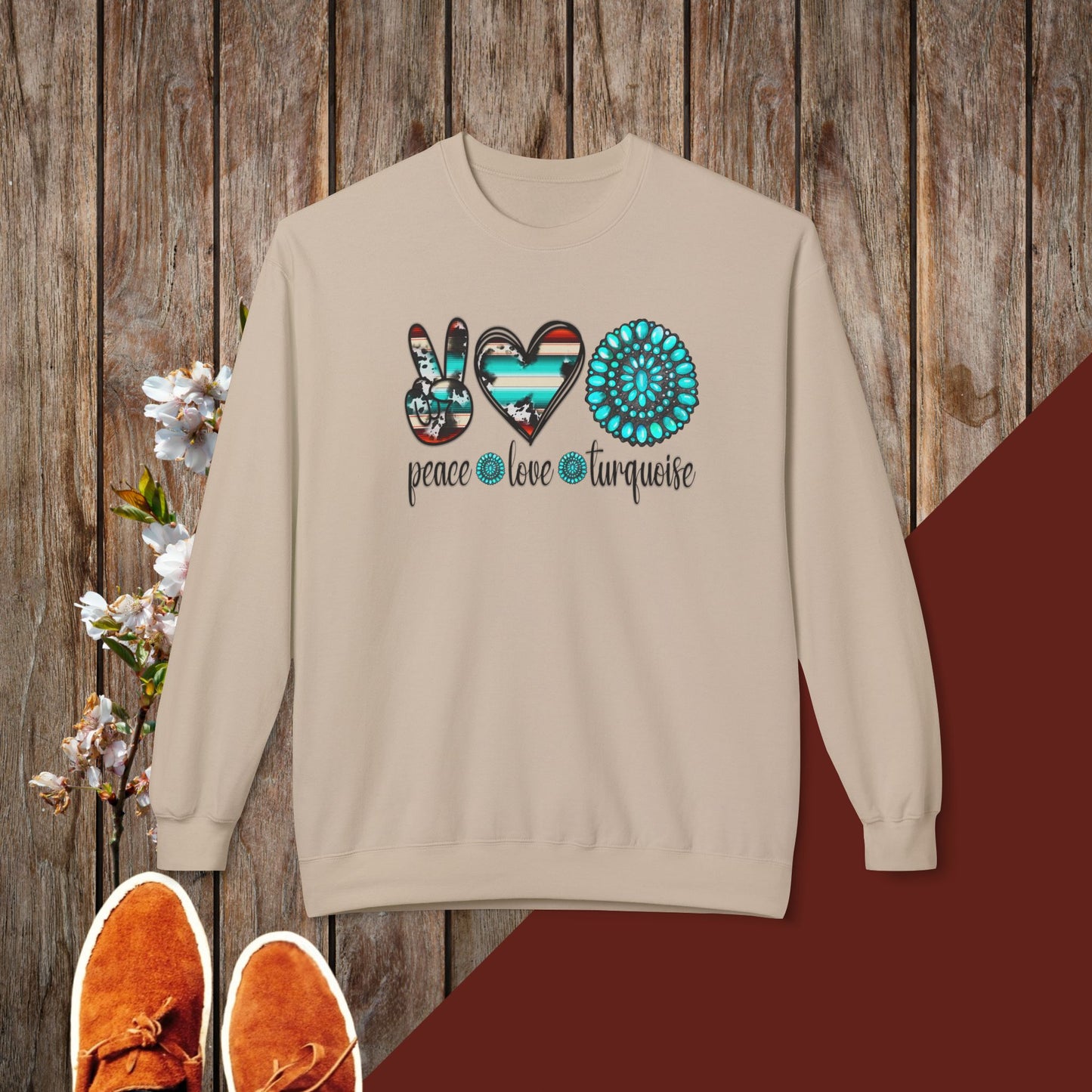 Peace, Love, Turquoise Unisex Midweight Softstyle Fleece Crewneck Sweatshirt