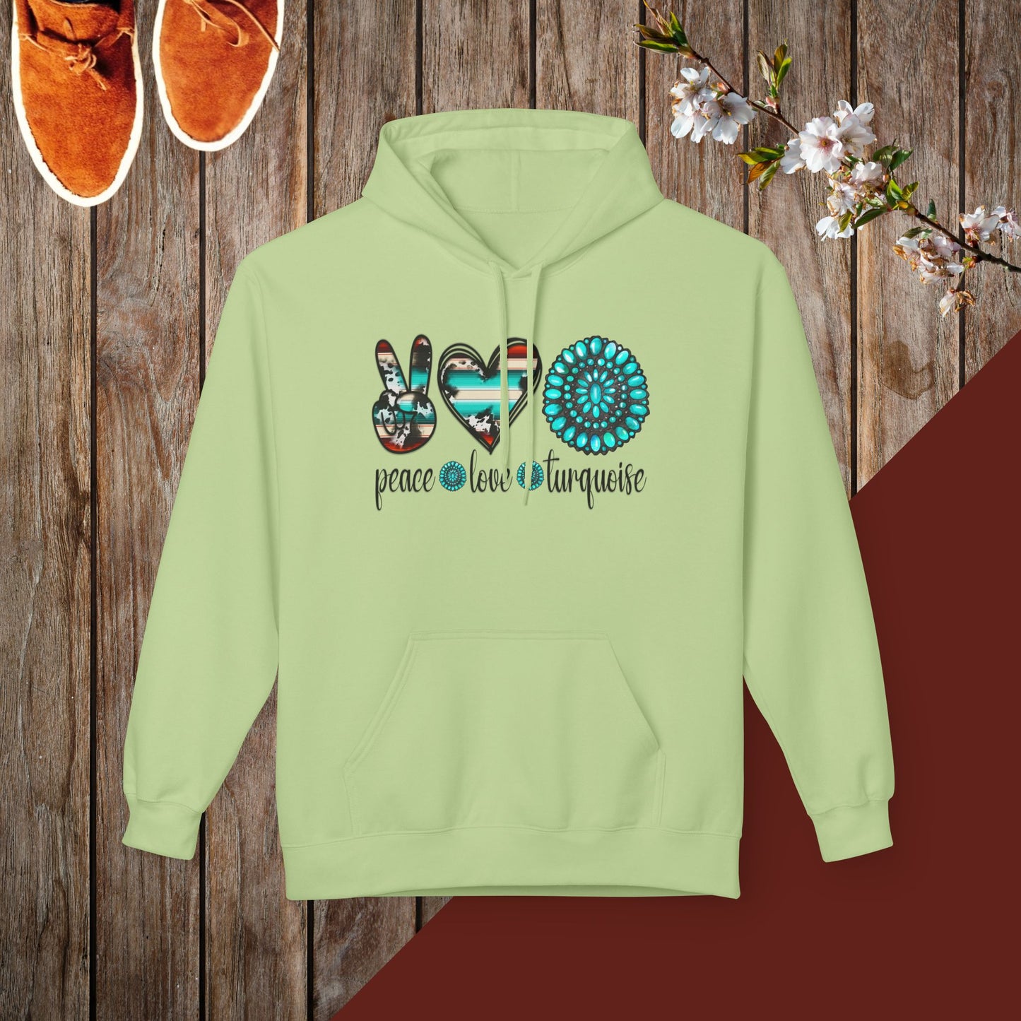 Peace, Love, Turquoise Unisex Midweight Softstyle Fleece Hoodie