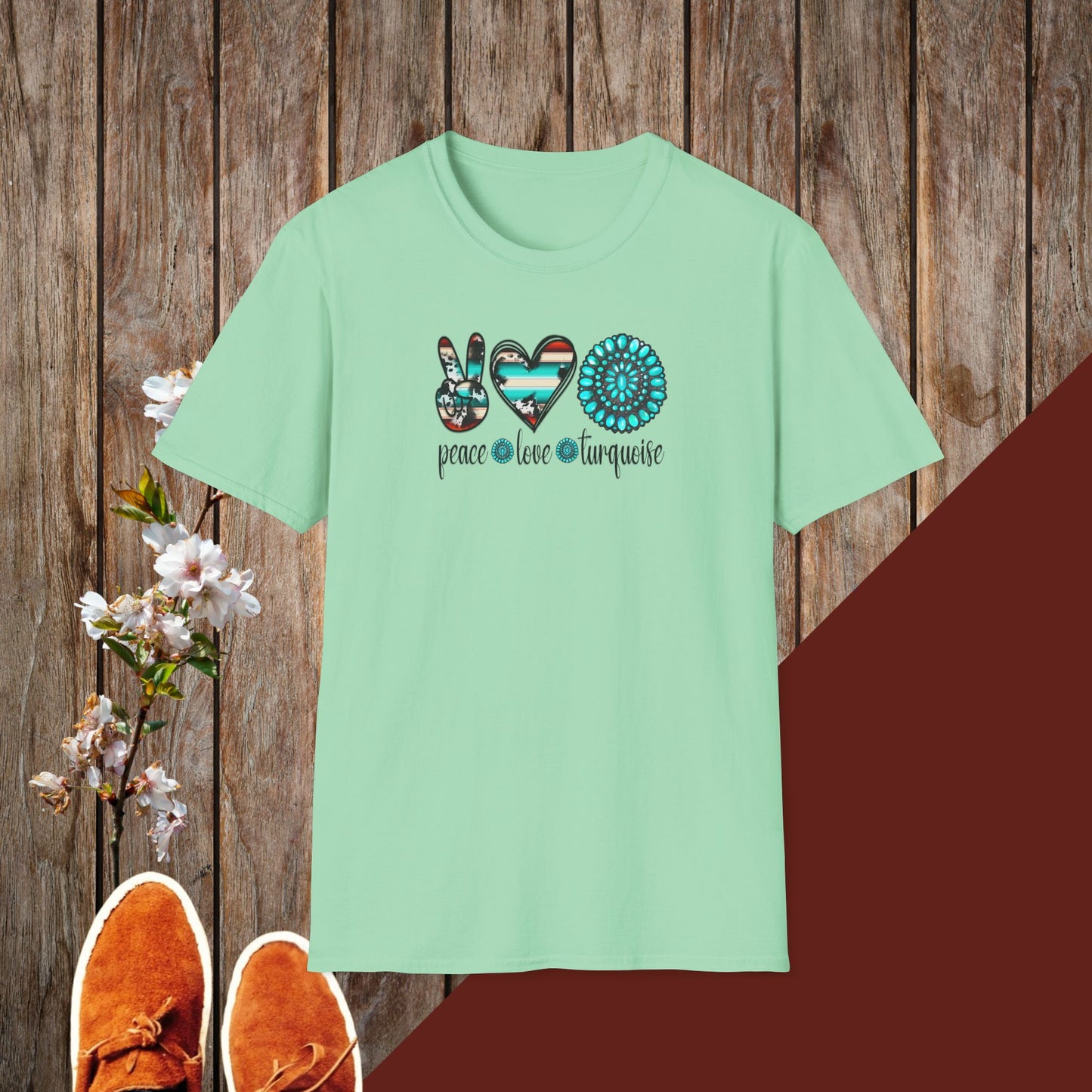 Peace Love Turquoise Unisex Softstyle T-Shirt