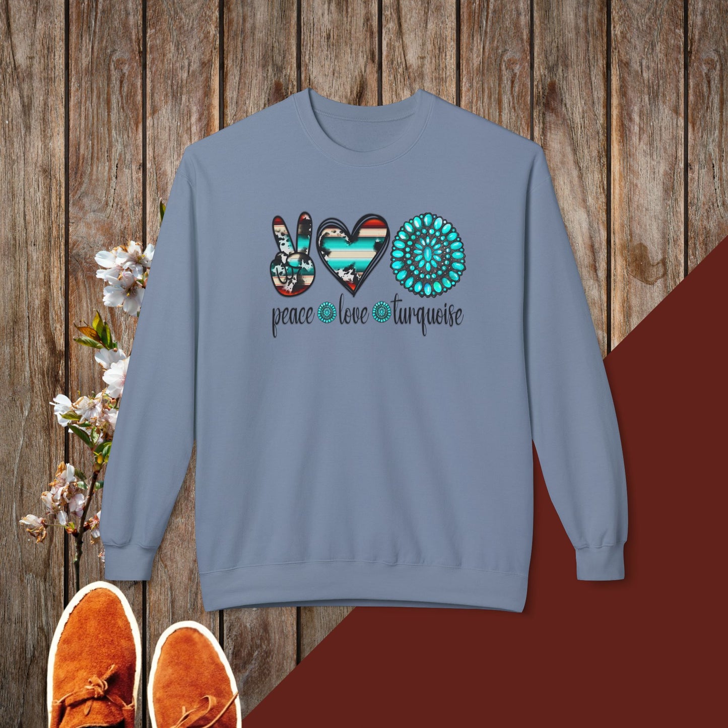 Peace, Love, Turquoise Unisex Midweight Softstyle Fleece Crewneck Sweatshirt