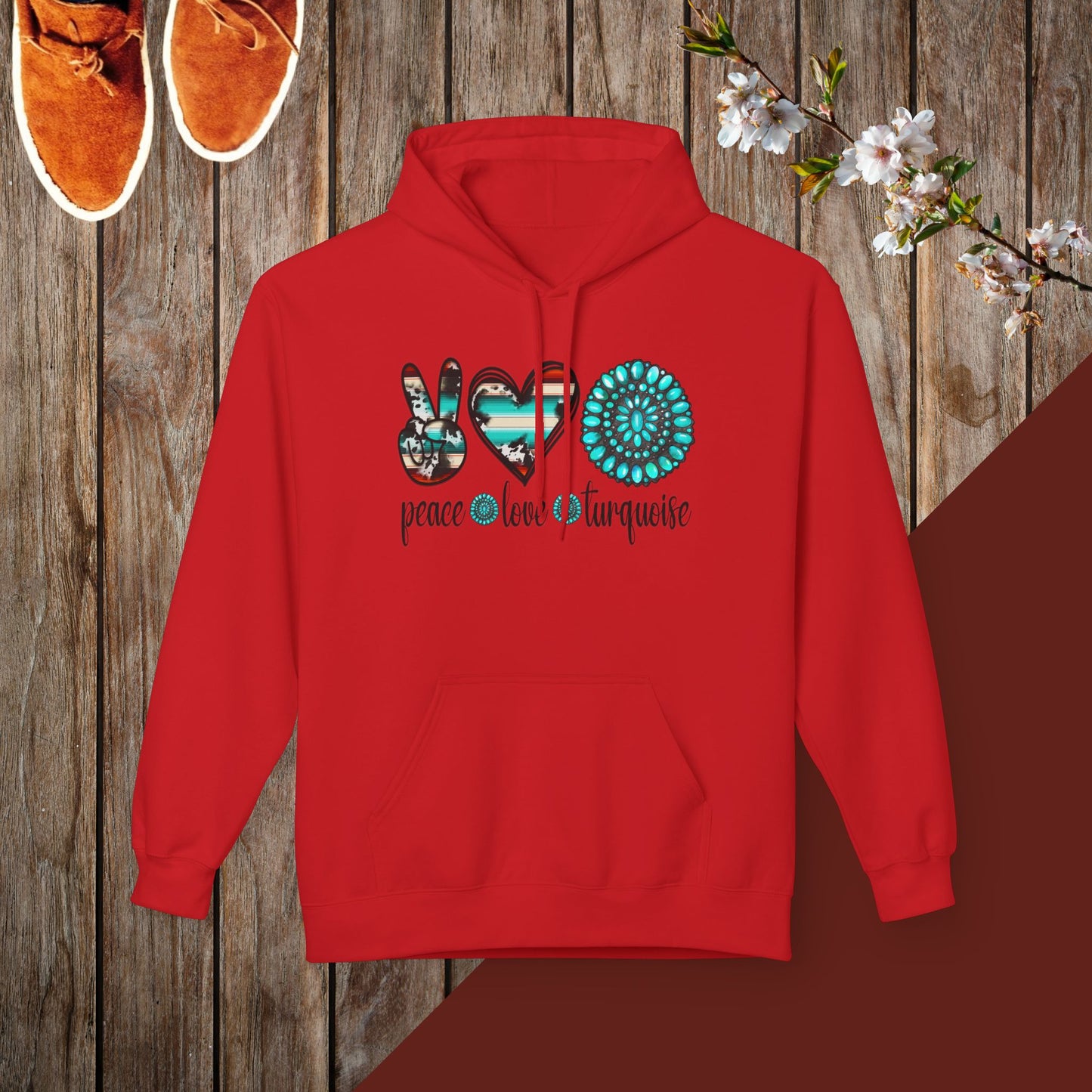 Peace, Love, Turquoise Unisex Midweight Softstyle Fleece Hoodie