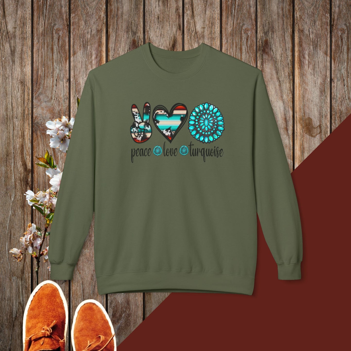 Peace, Love, Turquoise Unisex Midweight Softstyle Fleece Crewneck Sweatshirt