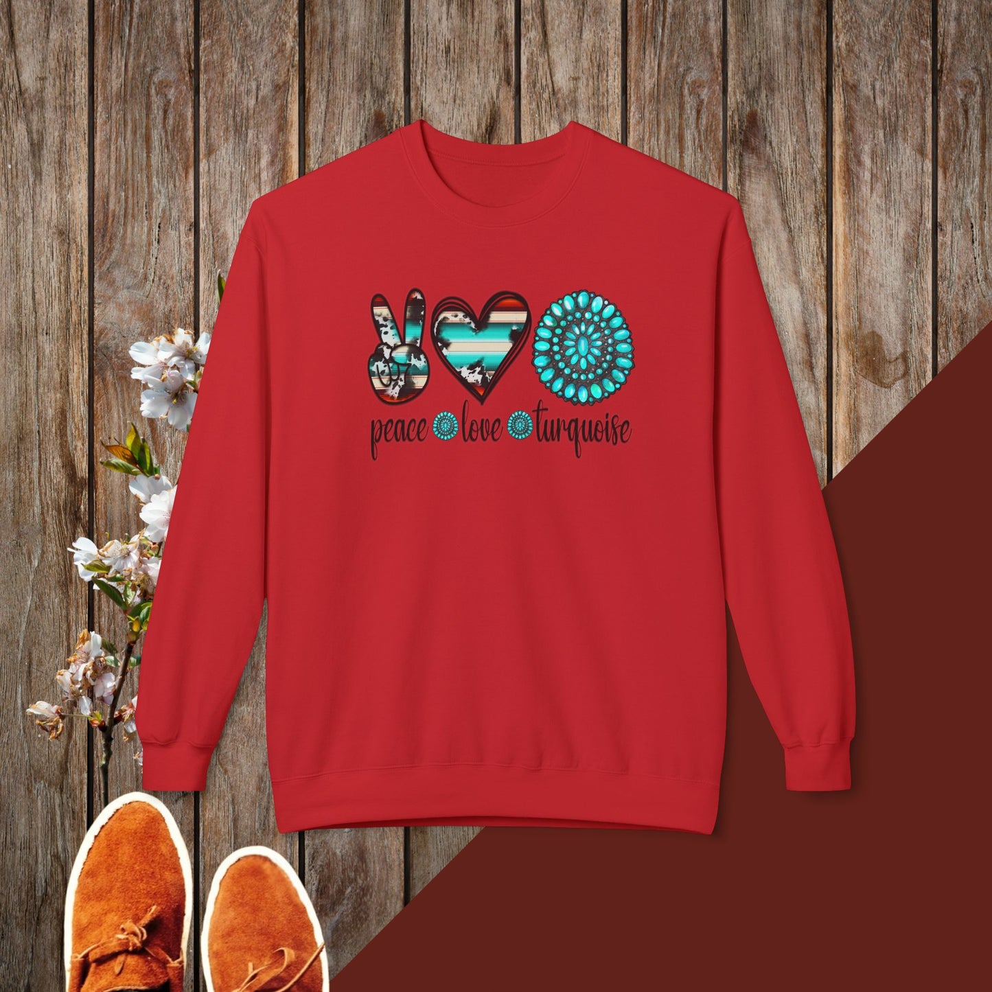 Peace, Love, Turquoise Unisex Midweight Softstyle Fleece Crewneck Sweatshirt