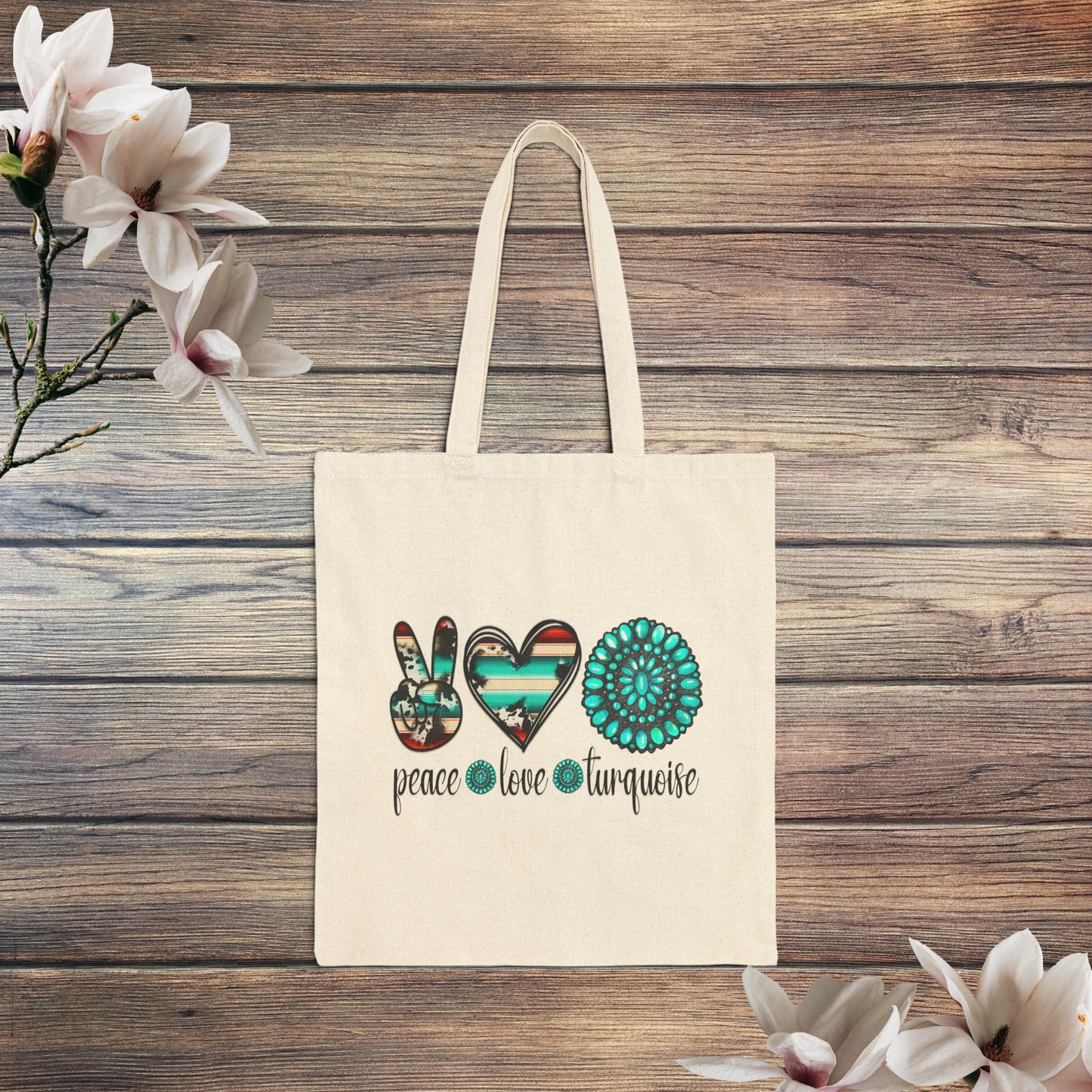 Peace, Love, Turquoise Cotton Canvas Tote Bag