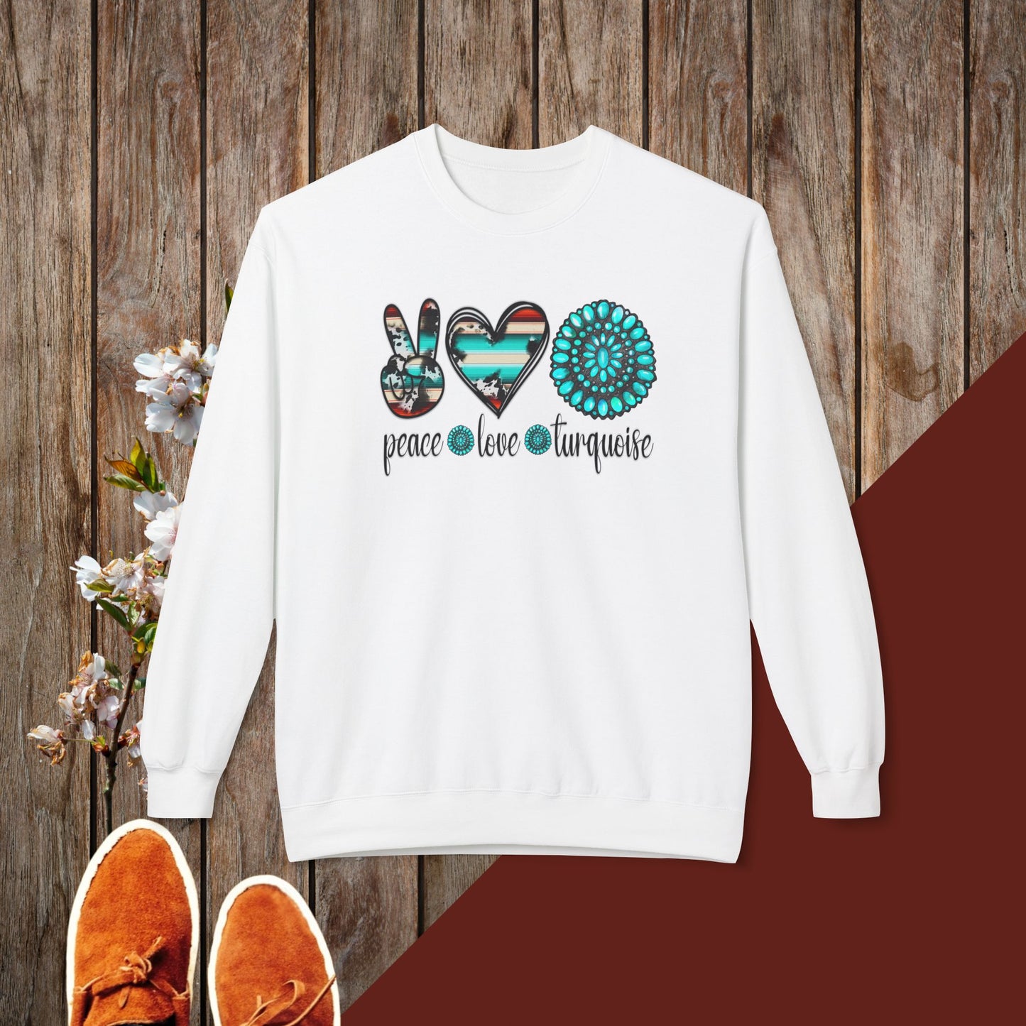 Peace, Love, Turquoise Unisex Midweight Softstyle Fleece Crewneck Sweatshirt