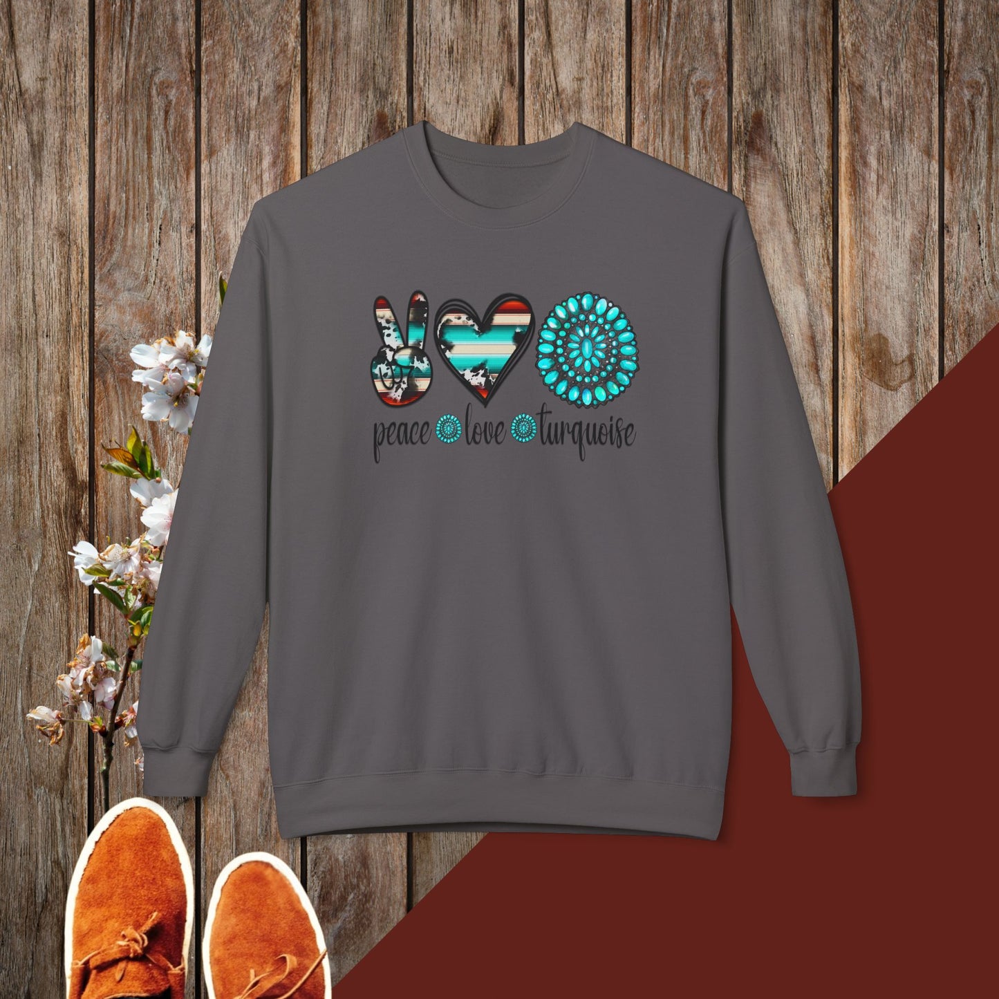 Peace, Love, Turquoise Unisex Midweight Softstyle Fleece Crewneck Sweatshirt