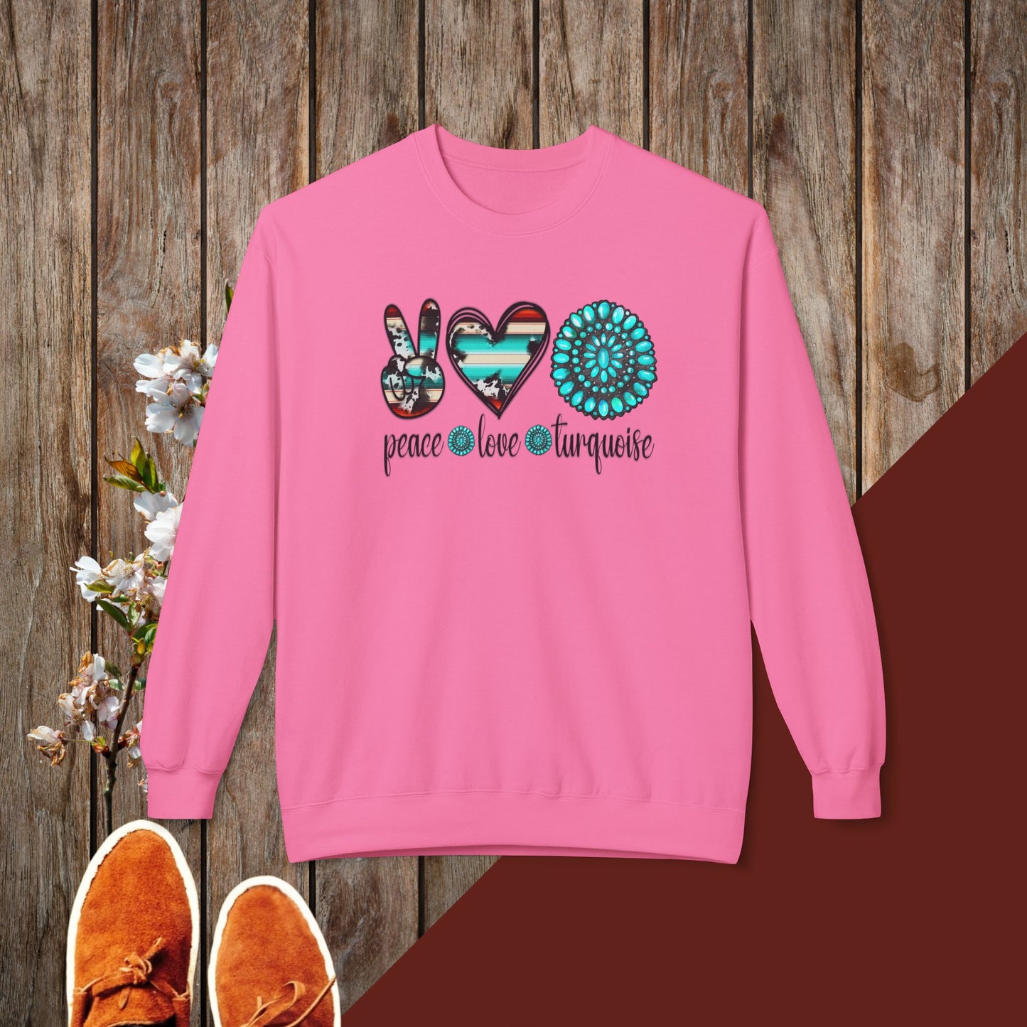 Peace, Love, Turquoise Unisex Midweight Softstyle Fleece Crewneck Sweatshirt