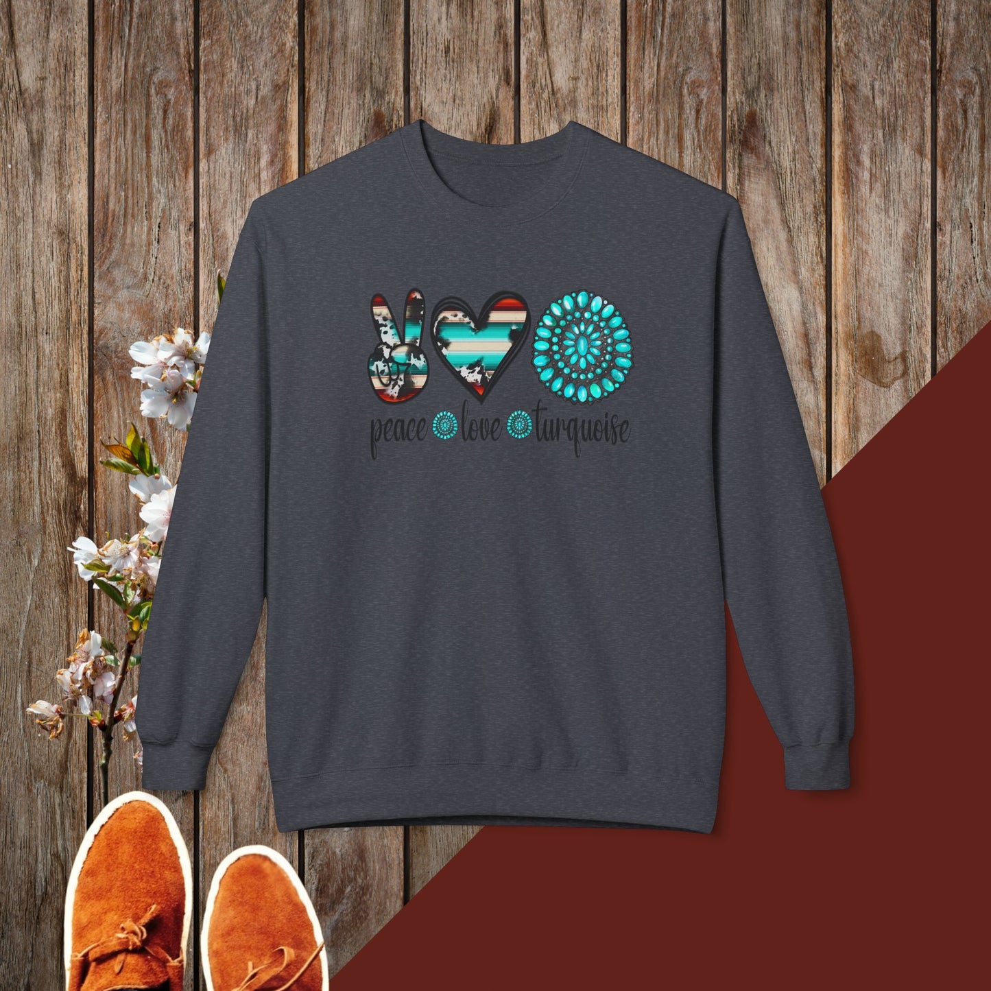 Peace, Love, Turquoise Unisex Midweight Softstyle Fleece Crewneck Sweatshirt