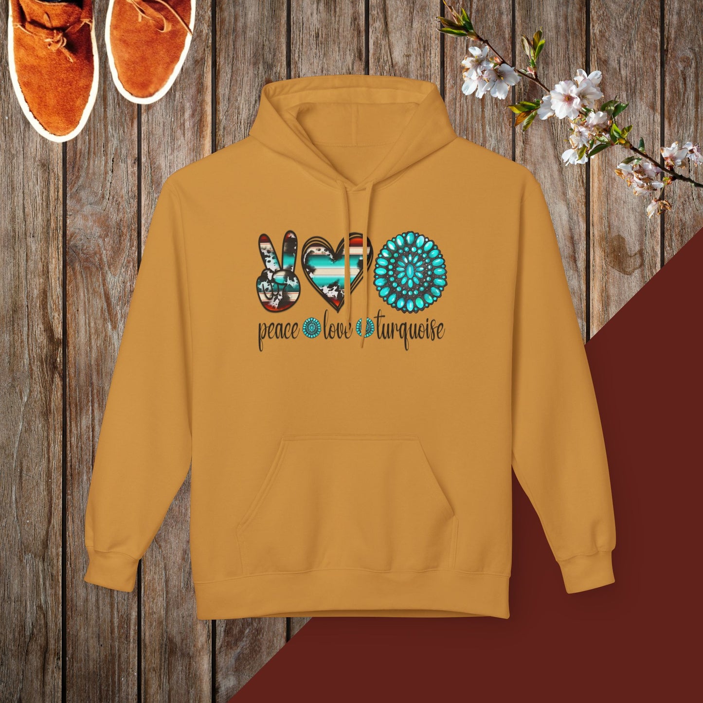 Peace, Love, Turquoise Unisex Midweight Softstyle Fleece Hoodie