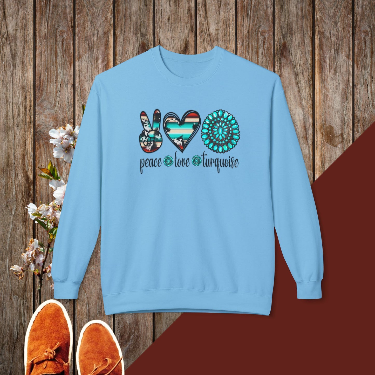 Peace, Love, Turquoise Unisex Midweight Softstyle Fleece Crewneck Sweatshirt